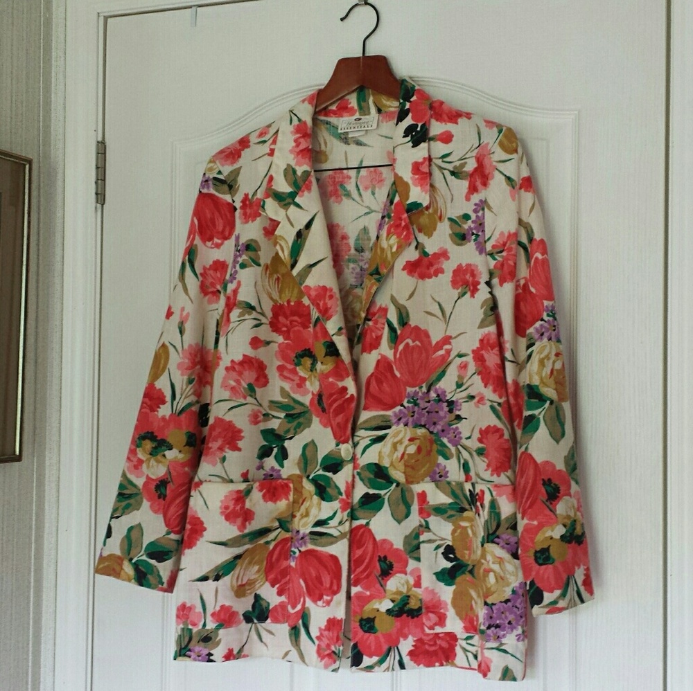 Vintage Worthington Floral Linen Blazer Size 10